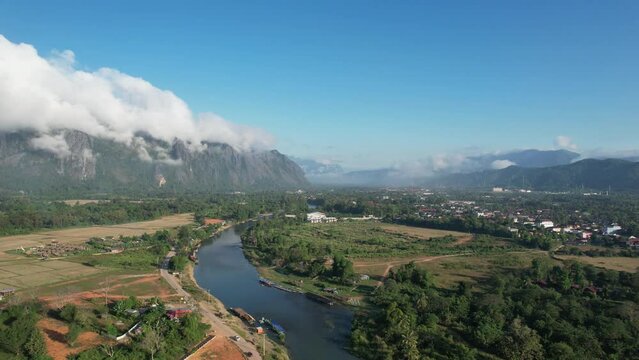 View from drone vangvieng city of laos,The city is a famous tourist destination, with many natural activities.
