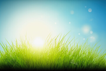 ai generative midjourney illustration of a spring background with grass and a blue sky with sunflares, copy space