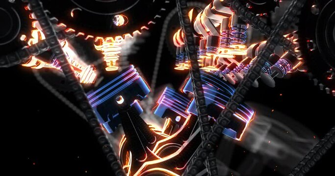 High power burning V8 engine in motion. Explosions and flames. Perfect Loop. Industry related 4K 3D animation.
