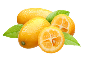 Kumquats (Citrus japonica fruits) group of four with leaves isolated png