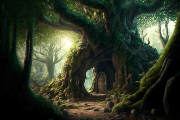 Fototapeta na wymiar Fantasy forest tree house scene AI Generative 
