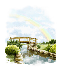 Watercolor landscape with wooden bridge over stream surrounded by greenery, rainbow and floating paper boats isolated on white background. Hand drawn illustration sketch - obrazy, fototapety, plakaty