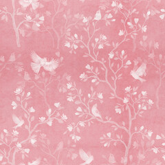 Seamless pattern with magnolia tree and birds. Pink background.