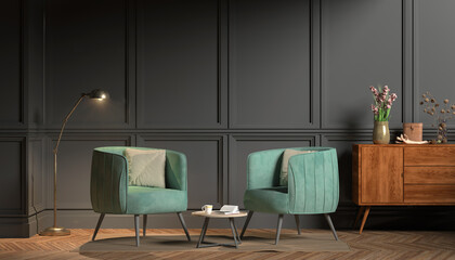 3d rendering of victorian living room with two chairs - classic style