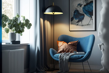 Stylish living room with blue lamp and chair. furnishings with a Scandinavian aesthetic. Generative AI - obrazy, fototapety, plakaty