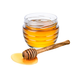 Honey jar with honey dipper isolated on white or transparent background.