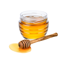 Honey jar with honey dipper isolated on white or transparent background.