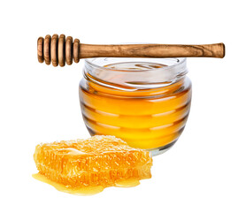 Honey jar, honeycomb and honey dipper isolated on white or transparent background.