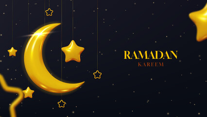 Obraz na płótnie Canvas Ramadan Kareem holiday banner. Holy month Ramadan celebration vector illustration. Ramadan Kareem card with golden crescent and stars on dark background. Islamic holiday.
