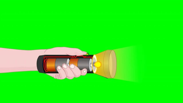 Flashlight opening anatomy. Lighting scene animation. Handle flash light, torch parts. Electrical circuit system. Resistance battery,  switch, bulb. Electric current. Transparent green screen back