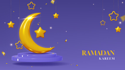 Obraz na płótnie Canvas 3d banner for Ramadan Kareem. Ramadan Kareem card with golden crescent on podium and stars on purple background. Holy month Ramadan. Vector illustration for Islamic holiday.