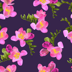 Fototapeta na wymiar Vector pattern of freesia flowers. Spring floral background. Delicate pattern