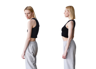 Woman slouching and straightening showing good and bad posture - obrazy, fototapety, plakaty