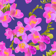 Vector pattern of freesia flowers. Spring floral background. Delicate pattern
