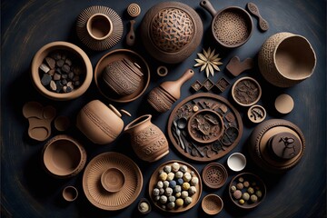 a collection of pottery is arranged in a circle on a table top, with a black background and a black background with a black border around the edges and a black border with a few.