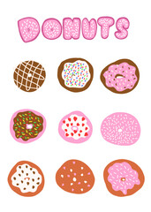 Fototapeta na wymiar Donuts set in cartoon style. Vector illustration isolated on white background.