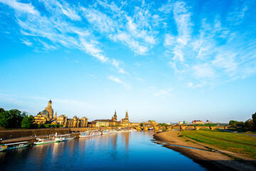 The picturesque view of old Dresden over the river Elbe in evening. Saxony, Germany