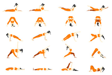 Yoga poses collection. Asian female woman girl. Vector illustration in cartoon flat style isolated on white background.