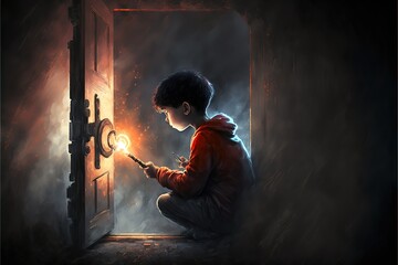 The boy with the key is sitting in front of the magic door