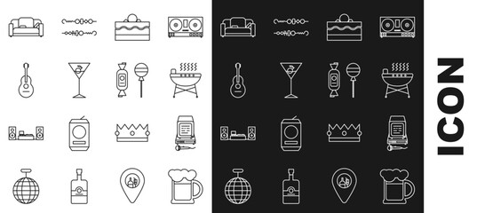 Set line Wooden beer mug, Karaoke, Barbecue grill, Cake, Martini glass, Guitar, Sofa and Lollipop icon. Vector