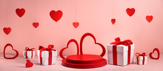 Cylinder pedestal podium,gift boxes and red hearts. Valentine scene for products showcase