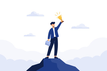 Vector of successful business man holding a trophy