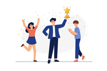 Vector of successful business man holding a trophy
