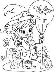 Witch,cat,broom,
 And bat in theme Halloween.coloring book page vector isolated on white background.
