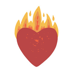 A retro-style flaming heart with fire. Symbol of love. Valentine's day vintage nostalgic design. Vector illustration.