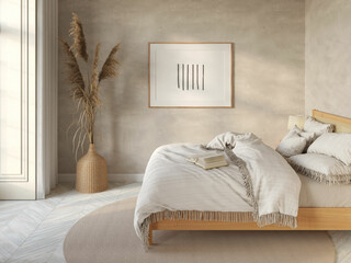 A cozy bedroom in warm colors with a horizontal poster on the wall with a ray of sunlight, pampas grass in a wicker vase by the window, and original linen with tassels on a wooden bed. 3d render