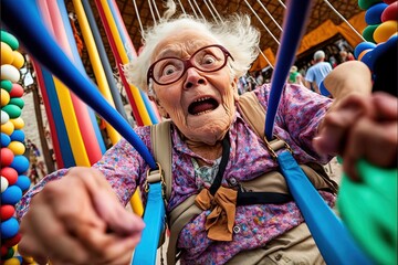 old woman has an extremely fun activity generative ai funny scene showing a positive vibe for old people aging well and active