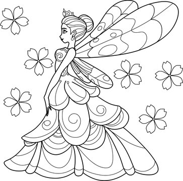 Fairy, Butterfly Princess. Coloring Book, Outline Sketch,Character Design isolated on White Background.vector illustration 