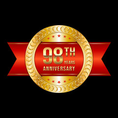 98th Anniversary. Anniversary logo design with gold color text and red ribbon for anniversary celebration event. Logo Vector Illustration