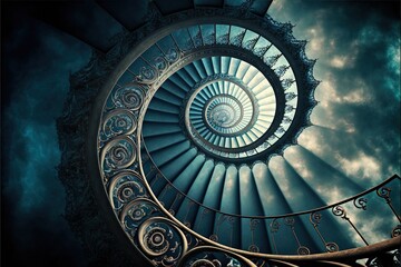 a spiral staircase with a sky background and clouds in the background, as seen from the bottom up view of the spiral staircase, with a blue sky and white clouds in the background,. Generative AI
