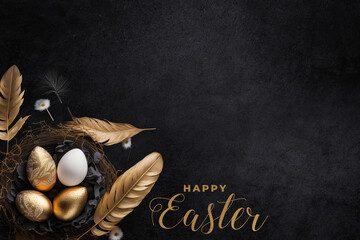 Beautiful aesthetic Golden and White Easter eggs in a bird nest with feathers on dark black slate table background, flatlay, topview, high detailed. Happy Easter Text