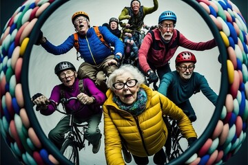 Group of old people having extreme activity generative ai scene showing the diversity and aging well senior characters