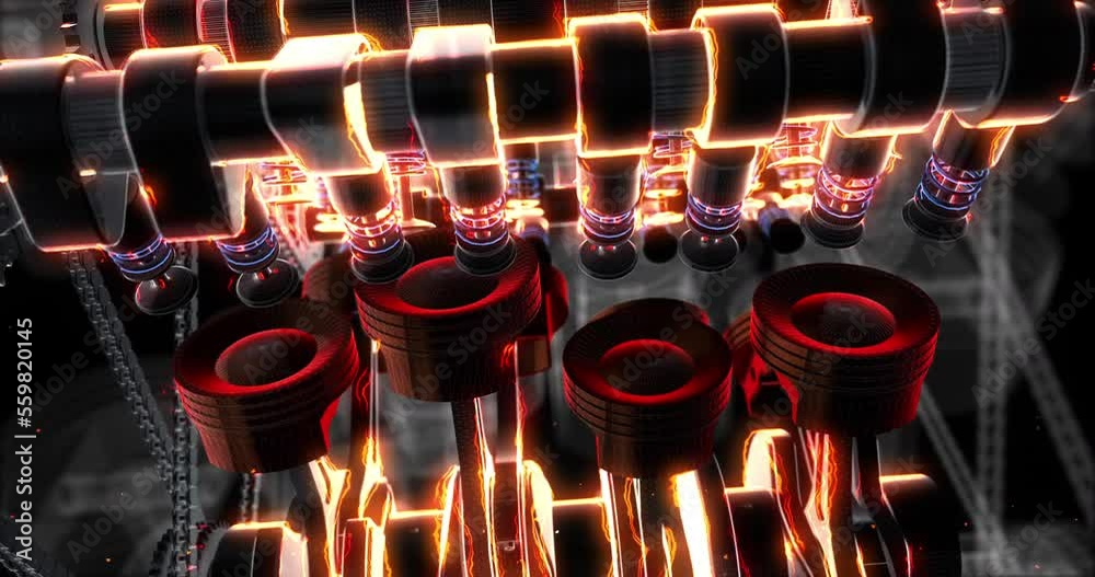 Poster glowing high power v8 engine with moving internal parts. valves, pistons and crankshaft. fuel inject