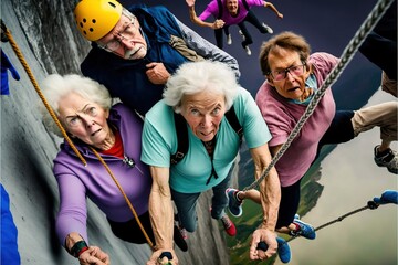 Group of old people having extreme activity generative ai scene showing the diversity and aging well senior characters