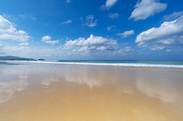 Beautiful sandy beach and sea with clear blue sky background, Amazing beach blue sky sand sun...