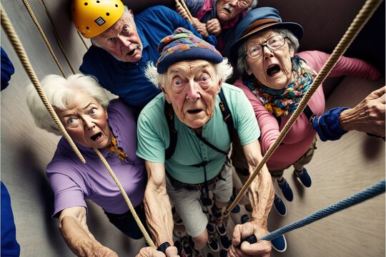 Group of old people having extreme activity generative ai scene showing the diversity and aging well senior characters