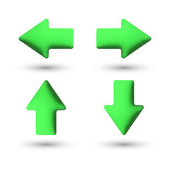 Rounded 3D green arrows, vector. Green 3D arrows with shadow, up, down, right, left on a white background.