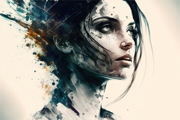 A spiritual abstract female portrait double exposure against bright background generative ai poster