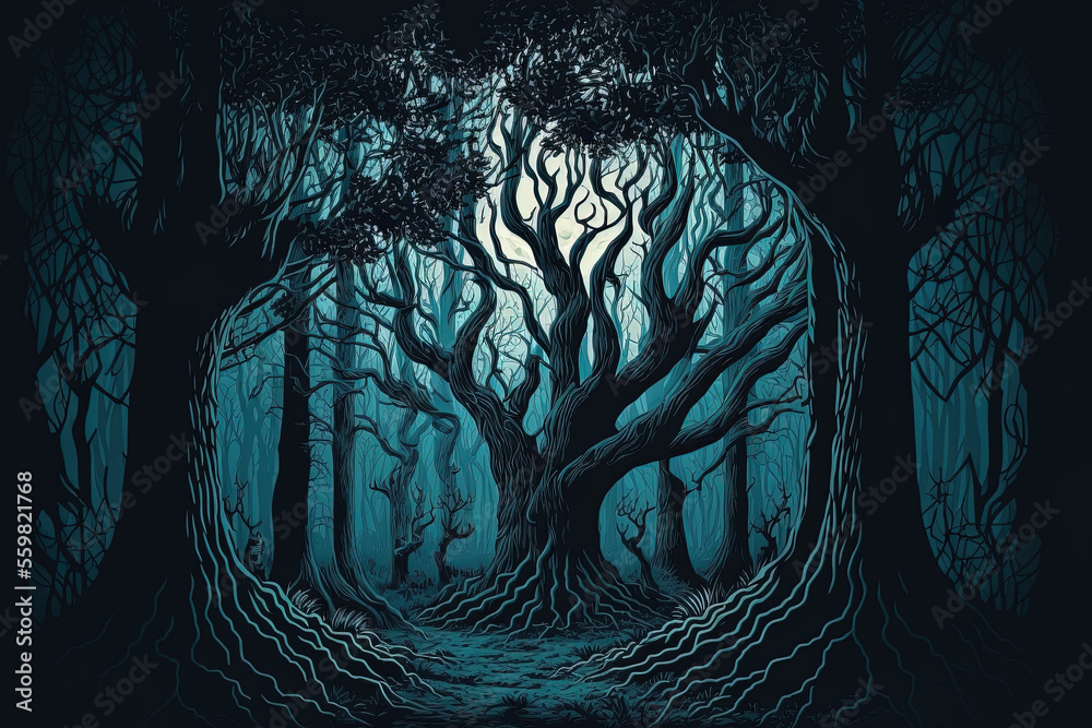 Canvas Prints dark spooky fantasy forest with scary trees. witch's forest. generative ai