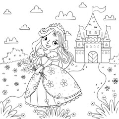 Page of coloring book with a girl and a princess on a background of a magic castle. Design for kids. Vector illustration in a cartoon style. - 559821757