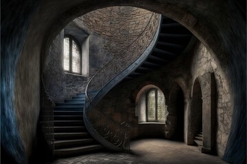 a spiral staircase in a stone building with arched windows and a stone floor and walls with a stone wall and a stone floor and a stone wall with a spiral staircase in the middle of.