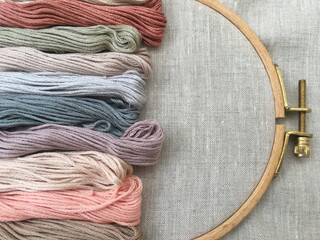 embroidery hoop, embroidery thread floss and natural linen fabric