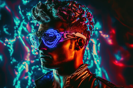 Illustration of a man in vr glasses on neon background. Full immersion. Virtual reality and metaverse concept. Generative AI