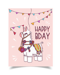 A birthday card decorated with a horse with body ornaments.