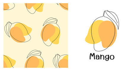 Seamless pattern with mango tropical fruit on yellow background. Mango logo sign vector illustration.