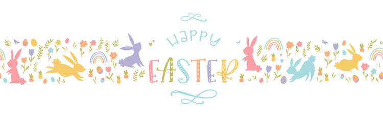 Fototapeta na wymiar Cute hand drawn Easter horizontal seamless pattern with bunnies, flowers, easter eggs, beautiful background, great for Easter Cards, banner, textiles, wallpapers - vector design